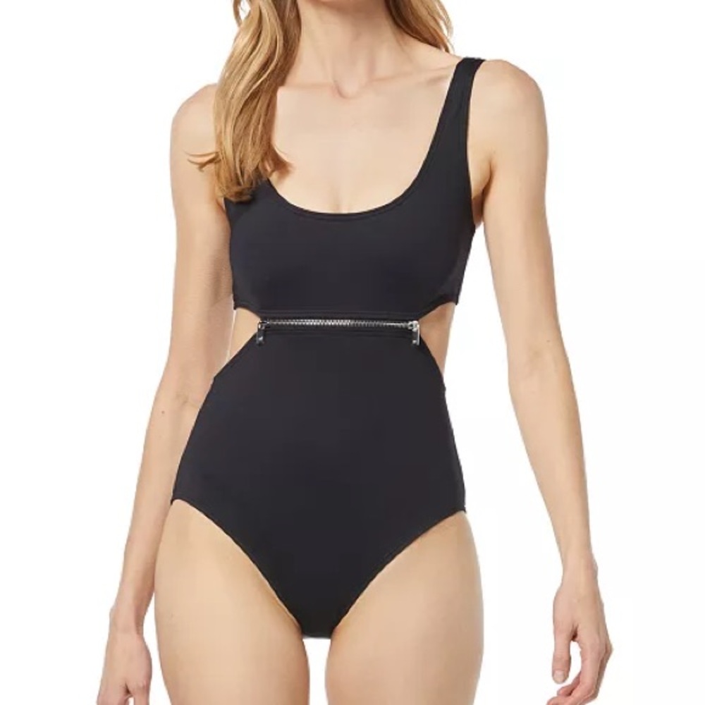 Black One-Piece Swimsuit with Zipper Detail